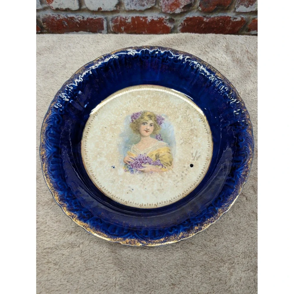 Antique Crown Potteries Cobalt Blue Flow Blue Bowl Victorian Lady Violets 1905